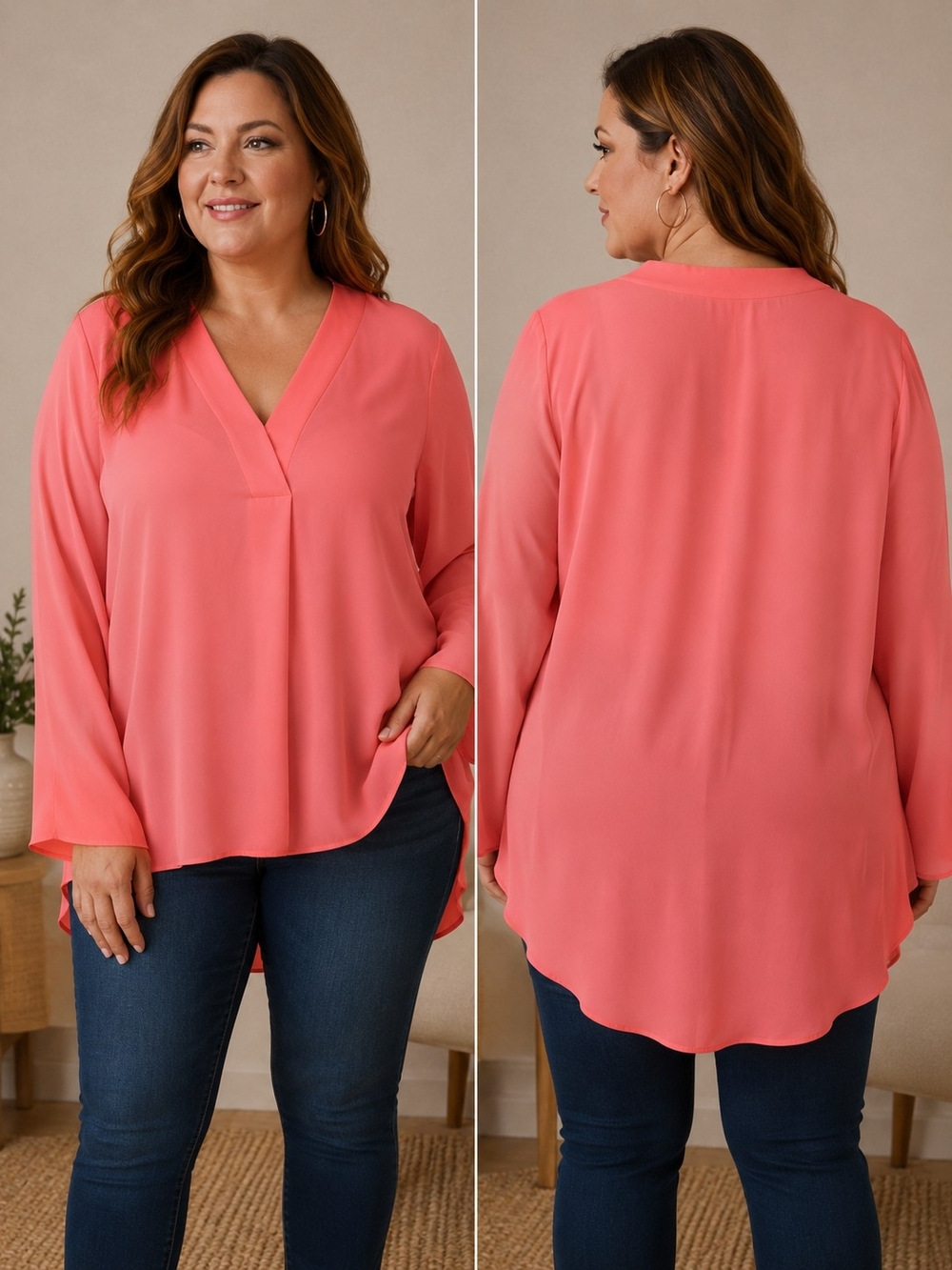 NIC+ZOE Coral Color V-Neck Long Sleeve Tunic